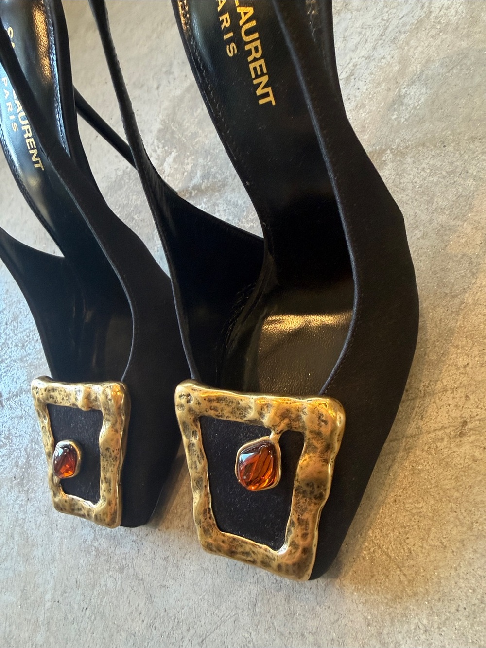 Saint Laurent Black Slingback Pumps with Hammered Gold Frame and Amber Detail - Picture 3 of 6